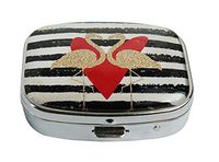 LCTCKP Custom Fashion Square Glass Silver Pill Case Decorative Metal Western Medicine Tablet Container Box (Gold Glitter Bird Flamingo and Different Hearts)