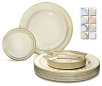 " OCCASIONS" 600 Pcs Set & 120 Guest Wedding Disposable Plastic Plate & Silverware Combo Set (Lace Ivory & Gold plates, Gold Silverware)