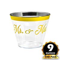 Mr. & Mrs. Gold Rim Plastic Cups. 100 pack/9 oz, clear golden rimmed cup for cocktails, wine and water. Fancy disposable tumblers for engagement parties, weddings, and bridal showers.