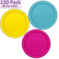 120 Paper Dessert Plates (7") - Aqua, Neon Yellow, Neon Pink - 40 Per Color, 3 Colors - Great Assortment for Birthday Parties, Weddings, Holidays, Baby Shower, Celebrations, and more