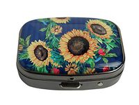 XUTAI Custom Personalized Square Stainless Steel Gun Silver Glass Travel Pill Case Vitamin Decoration Box (Sunflowers Big and Small with Green Leaves)