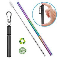 2019 Upgraded Portable Reusable Drinking Straw- Telescopic Rainbow Stainless Steel Straw with Aluminum Case & Cleaning Brush, Best Gift Ideal (black)