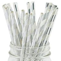 Paper Straws Silver Foil Striped Pattern - Eco Friendly Wedding Straws - Dozens of Designs & Perfect For Any Party! Frozen Dessert Supplies - 25 Count