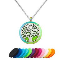 CLY Jewelry Aromatherapy Essential Oil Diffuser Necklace Stainless Steel Locket Pendant Blue and Green Metal Tree of Life Colorful Tree with Refill Pads