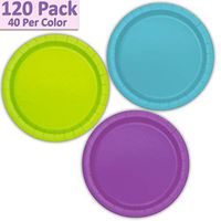 120 Paper Dessert Plates (7") - Aqua, Neon Green, Pretty Purple - 40 Per Color, 3 Colors - Great Assortment for Birthday Parties, Weddings, Holidays, Baby Shower, Celebrations, and more