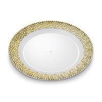 [32 Count - 10 Inch Plates] Laura Stein Designer Tableware Premium Heavyweight Plastic White Dinner Plates With Gold Border, Party & Wedding Plate, Glitz Series, Disposable Dishes