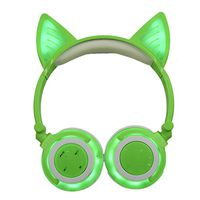 Wireless Over Ear Bluetooth Headsets LED Light Cute Cat Ear Headphones for Girls, Up Foldable Over Ear Use for Phones, PC, MP3, MP4. (Green Ear)