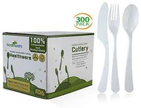 Biodegradable Compostable Forks Spoons Knives, 100% CPLA 300 Pack 7.3 Inch White Disposable Biodegradable Cutlery Set, 8.3 Pounds Heavyweight Eco-friendly (100 Forks,100 Spoons and 100 Knives)