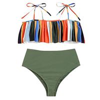 Gojendy Women Spliced Bathing Suit Adjustable Spaghetti Ruffled Tankini High Waist Bottom (XL, Green)