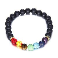 Handmade Tribal Tibet Beads 8MM Gemstone 7 Chakra Elastic Beaded Strand Black Lava Rock Buddha Vintage Bracelet Bangle