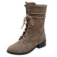 Veodhekai Women Vintage Pure Color Round Toe Lacing Boots Chunky Heels Roman Boots Students Shoes Khaki