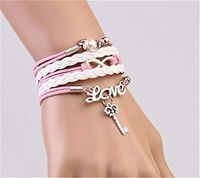 NEW Infinity Heart Key LOVE Antique Silver Leather Charm Bracelet Popular Cute Trendy Fashion Bangle Accessories Good Bangles
