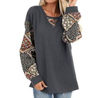 Sunhusing Women's Casual Round Neck Ethnic Style Small Floral Print Long Sleeve Lantern Sleeve Pullover Top(Gray,M)