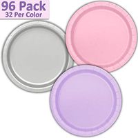 96 Paper Dinner Plates (9") - Light Pink, Silver, Lavender - 32 Per Color, 3 Colors - Great Assortment for Birthday Parties, Weddings, Holidays, Baby Shower, Celebrations, and more