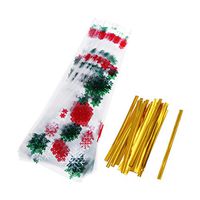 STOBOK 100 Pcs Christmas Cone Bags Snowflake Cellophane Candy Bags Treat Bags Popcorn with 100 Golden Twist Ties