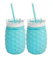 Northeast Home Goods 17-Ounce Pineapple To-Go Cups with Straws, Set of 2 (Blue)