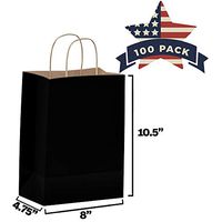 Black Paper Bags with Handles - 100 Pcs 8x4.75x10.5 inches Bulk Gift Bags, Shopping Bags, Party Bags, Favor Bags, Goody Bags, Cub, Business Bags, Kraft Paper Bags, Retail Bags, Merchandise Bags