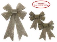 P2P Tis' The Season Christmas Holiday Decorative Festive Glittery Dusty Gold Bows (Bonus: Canzonet Tags) ~ (1) Large Bow (2) Small Bows ~ Bundle of 4