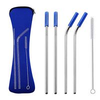 4Pcs Reusable Silicone Tips Cover Stainless Steel Straight Bent Drinking Straws - Dark Blue SoundsBeauty