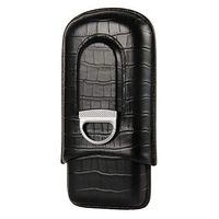 CIGARISM Crocodile Embossed Genuine Leather Cigar Holder Case Cutter Set (Black)