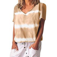 Kiminana Women's Fashion Striped Floral Loose T-Shirt Off Shoulder Casual Loose T-Shirts Tops Soft Cotton Blouse Khaki