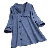 Women's Tunic Top Loose Long Sleeve V Neck Button Up Plaid Henley Shirts Blouse T Shirt(Blue,L)