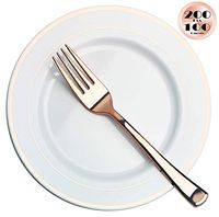 JL Prime 200 Pack 100 Rose Gold 7.35” Small Plastic Plates & 100 Forks Set, Heavy Duty Disposable Plastic Plates with Rose Gold Rim & Cutlery for Party & Wedding, Salad/Dessert/Cake Plates & Forks Set