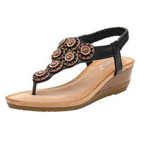 Cenglings Wedge Shoes,Women Plus Size Clip Toe Crystal Flip Flop Wedges T-Strap Elastic Band Bohemian Platform Beach Shoes(Black,37)