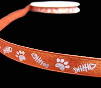 5 Yards Kitty Cat Fish Bone Pawprint Paw Print Pet Orange Satin Ribbon 3/8"W