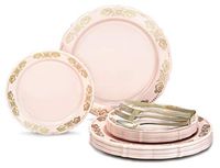 " OCCASIONS" 150pcs set (25 Guests) Vintage Wedding Party Disposable Dinnerware Plastic Plates -10.25'', 7.5''+Silverware w/double fork (Portofino Light Pink & Gold, Gold Silverware)