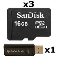 3 PACK - SanDisk 16GB MicroSD HC Memory Card SDSDQAB-016G (Bulk Packaging) LOT OF 3 with USB 2.0 MicoSD