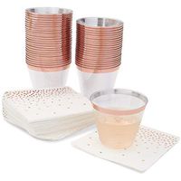 Sparkle and Bash Clear Plastic Cups with Rose Gold Rim and Napkins (50 Guests)