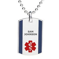 Divoti Deep Custom Laser Engraved Stainless Steel Medical Alert Necklace for Men, Steel Urban Tag Medical ID Necklace, Medical Dog Tag w/Free Engraving Chain 24 in Ball-Red/Deep Blue
