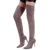 Veodhekai Women High Heel Shoes Flock Zipper Pointed Toe High Boots Over-The-Knee High Heel Shoes Gray
