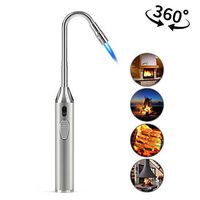 Foxfirers Butane Lighter Long Lighter Adjustable Jet Flame Torch Lighter for Grill BBQ Gas Fireplace Fire(Butane Fuel Not Included), Silver