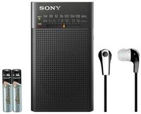 Sony Portable AM/FM ICF-P26 Transistor Radio with Built-in Speaker, Output Jack, LED Tuning Indicator & Carry Strap + POP Clik in Ear Stereo Headphones & Alkaline Batteries Included