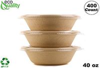 400 Count - EcoQuality 40oz Round Disposable Bowls with Lids Natural Sugarcane Bagasse Bamboo Fibers Sturdy Compostable Eco Friendly Environmental Paper Plastic Bowl Alternative Tree Free