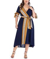 Graceful Plus Size Dress large size women's summer striped stitching fat MM skirt short sleeve dress (3XL)