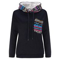 HNTDG Women's Casual Solid Color Long-Sleeved Printed Stitching Hooded Plus Velvet Sweatshirt Black