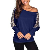 Leopard Print Stitching Long Sleeve T-Shirt Plus Size,FORUU 2020 Autumn Winter Ladies Sexy Skew Collar Long Sleeve Pullover 2020 Newest Comfy Cute Casual Tops Lover Gift Dailywear