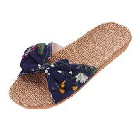 Emimarol Home Slippers Women Linen Indoor Shoes Men Beach Slipper Floral Print Silent Flip Flops for Women Sandals Dark Blue