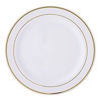 BalsaCircle 20 pcs 10-Inch White with Gold Trim Plastic Round Plates - Disposable Wedding Party Catering Tableware