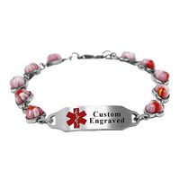 My Identity Doctor - Custom Engraved Medical Alert Bracelet for Men - 5mm Steel, Glass Hearts - Red - Wrist Size 6.25 Inch