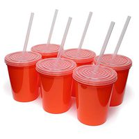 Rolling Sands 16oz Reusable Plastic Stadium Orange Cups with Lids, 6 Pack, USA Made. BPA-Free Dishwasher Safe Plastic Tumblers and Lids, Includes 6 Reusable Straws