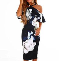 iLUGU Off Shoulder Dresses for Women Beach Summer Ruffle Floral Print Bodycon Midi Dress Navy