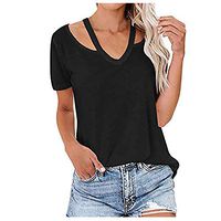 Ros1ock Women's Tunics Off Shoulder Solid Sling Short Sleeve Blouse Lightweight Loose T-Shirt Black