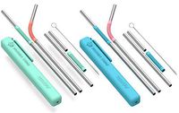 Asobu Reusable Metal and Silicone Straw with Cleaning Brush and Case (Mint coral/blue pink)