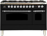 Ilve UPN120FDMPNX Nostalgie Series 48 Inch Dual Fuel Convection Freestanding Range, 7 Sealed Brass Burners, 5 cu.ft. Total Oven Capacity in Glossy Black, Chrome Trim (Natural Gas)
