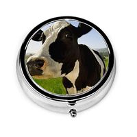 Lovely Milk Cow Round Pill Box Personalized Silver Steel Decorative Box Vitamin Organizer Holder for Pocket Or Purse Unique Gift