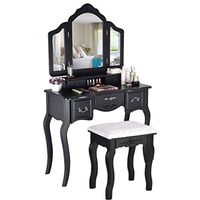 Vanity Beauty Station,Makeup Table Wooden Stool 3 Mirrors and 5 Organization Drawers Set Furniture Bedroom Women Princess Girls Kids by BBtime (Black)